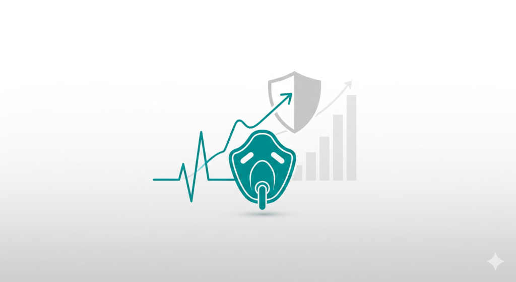 Teal anesthesia mask icon, shield, and growth chart for anesthesiology billing and RCM services.