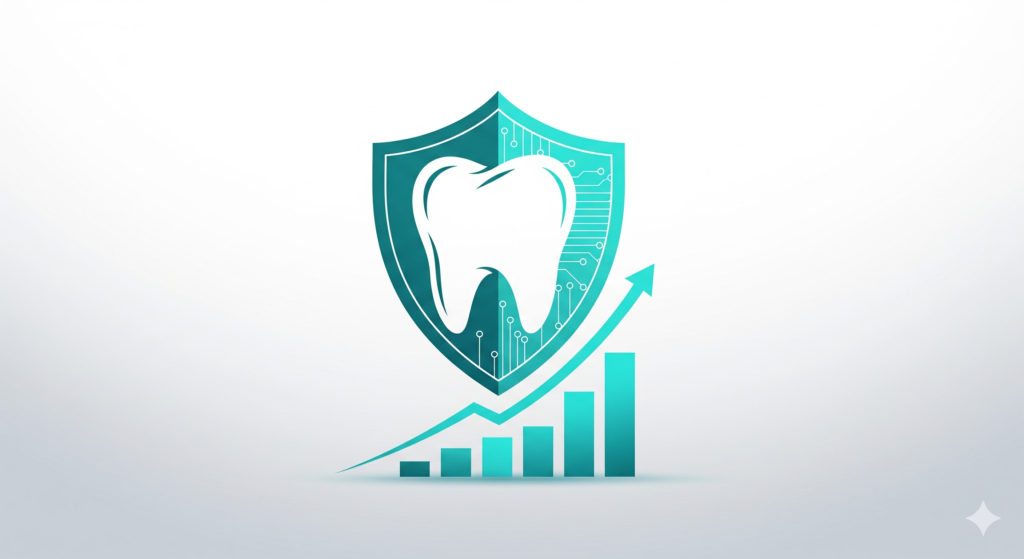Teal tooth icon, shield, and growth chart for dental billing and RCM services.