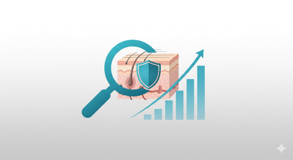 Magnifying glass and growth chart for dermatology billing, Mohs surgery coding, and RCM services.