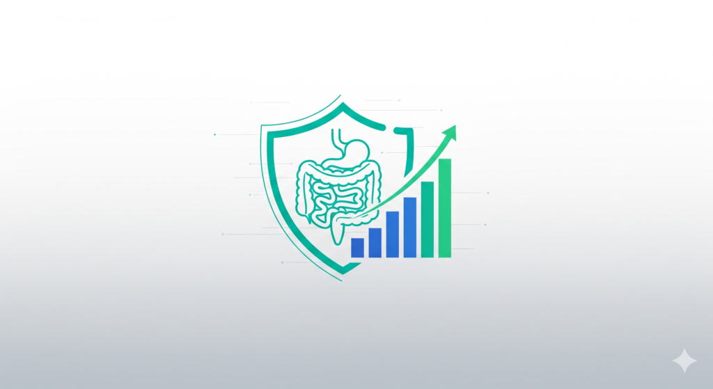 Teal digestive tract icon, shield, and growth chart for gastroenterology billing and RCM services.