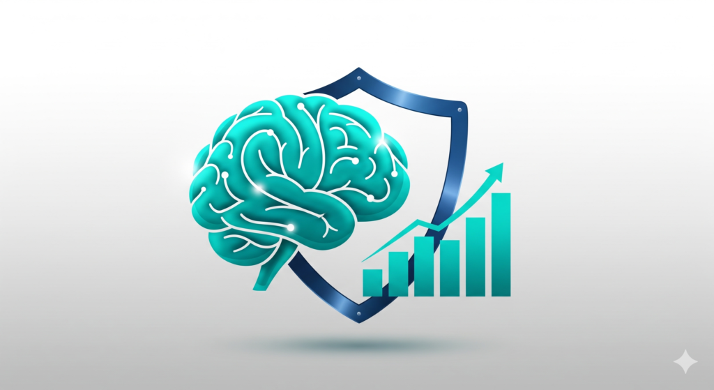Stylized teal brain icon, shield, and growth chart for neurology billing and RCM services.
