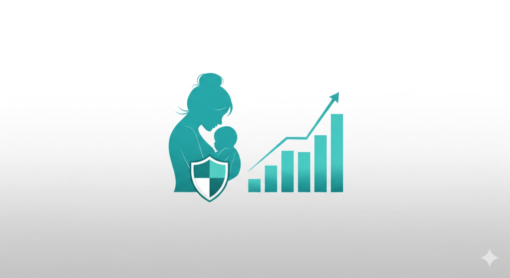 Stylized teal mother and child silhouette with a shield and growth chart for OB/GYN billing and RCM services.