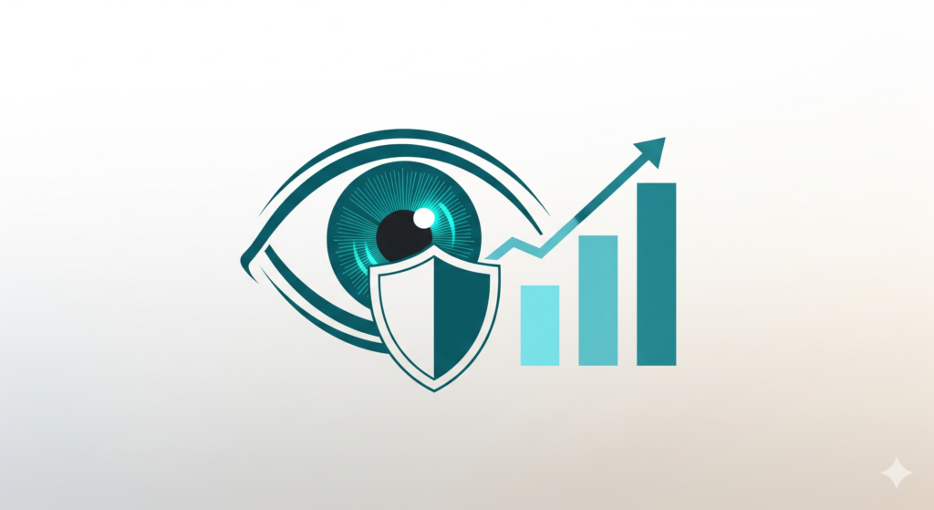 Stylized teal eye icon, shield, and growth chart for ophthalmology billing and RCM services.