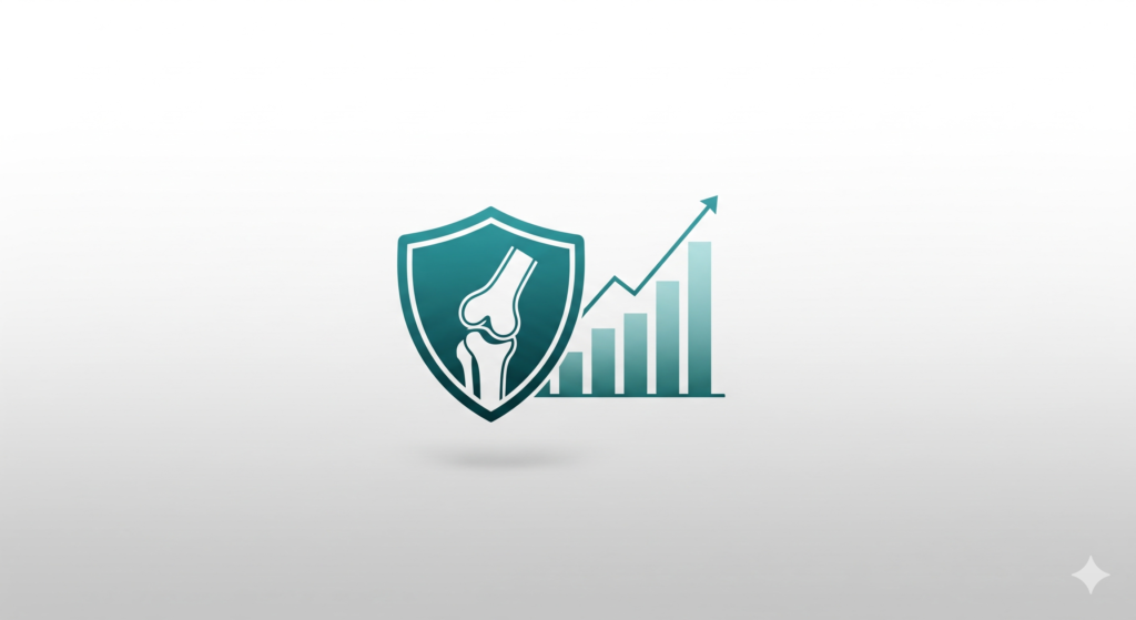 Stylized bone icon, shield, and growth chart for orthopedic billing and RCM services.