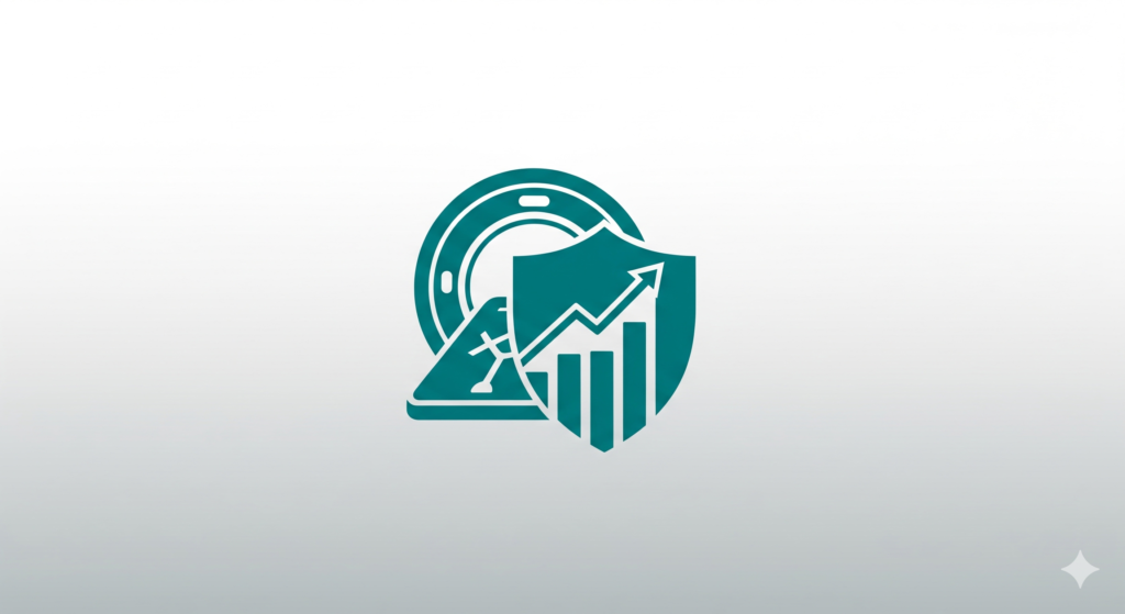 Stylized teal X-ray plate icon, shield, and growth chart for radiology billing and RCM services.