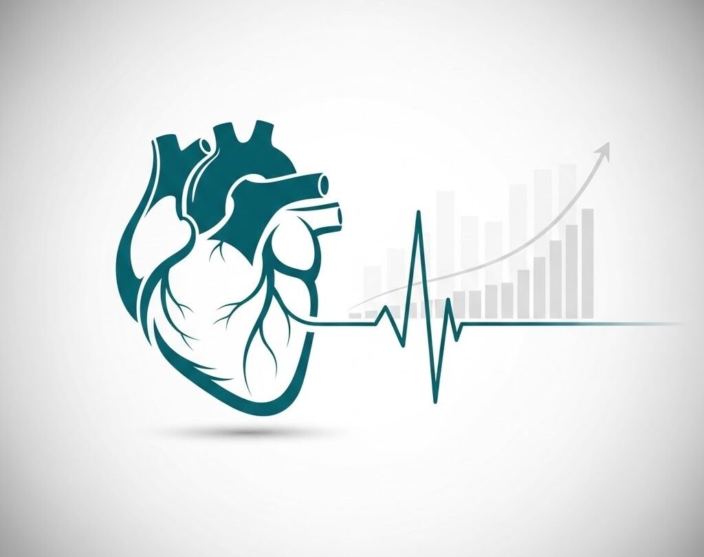 Teal heart icon and EKG line merging with a growth chart for cardiology billing and RCM services.