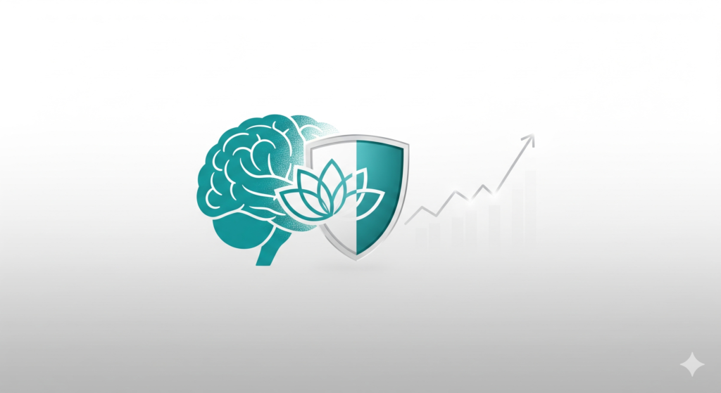 Teal brain, lotus, and shield icons with a growth chart for mental health billing and behavioral health RCM.