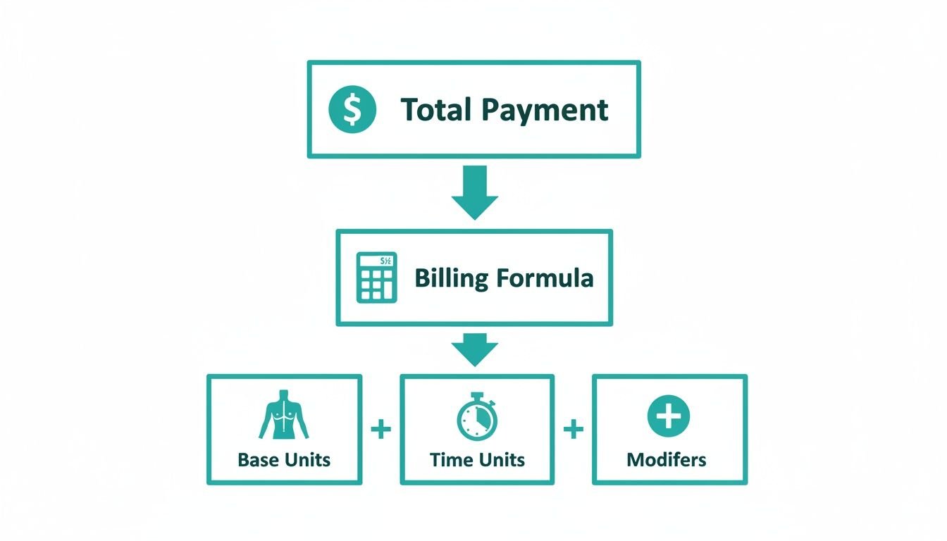 Flowchart showing total payment calculation from a billing formula, comprising base units, time units, and modifiers.