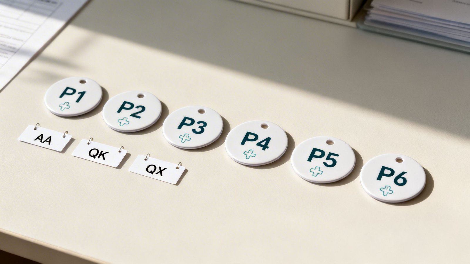White circular tags P1-P6 with blue crosses, and rectangular AA, QK, QX tags.