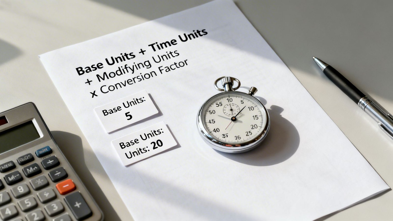 A paper shows a unit calculation formula, with base units, a stopwatch, and calculator on a desk.