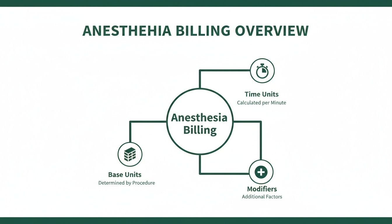 Diagram showing the components of anesthesia billing: Time Units, Base Units, and Modifiers.