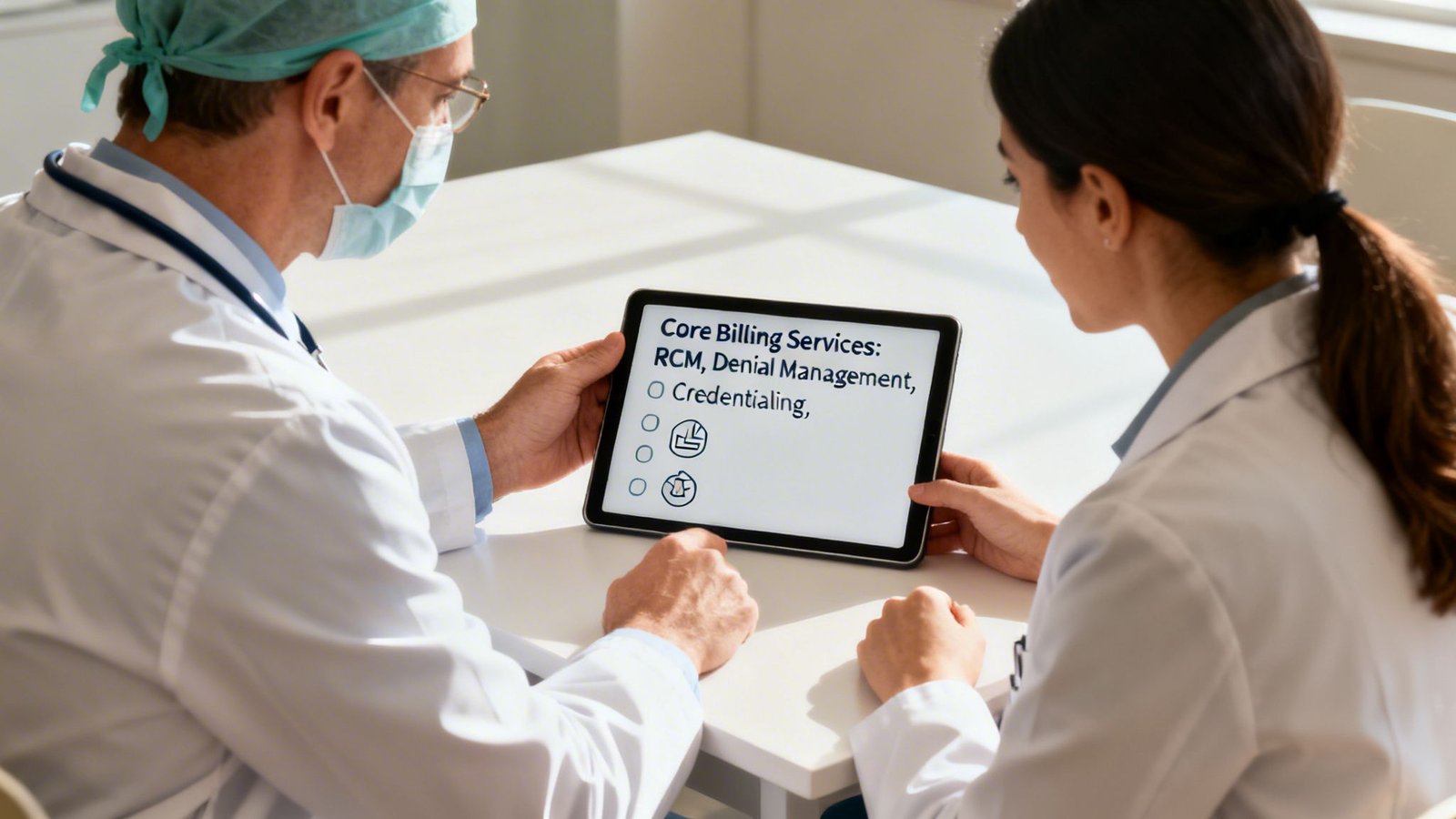 Two medical professionals discuss core billing services like RCM and credentialing on a tablet.