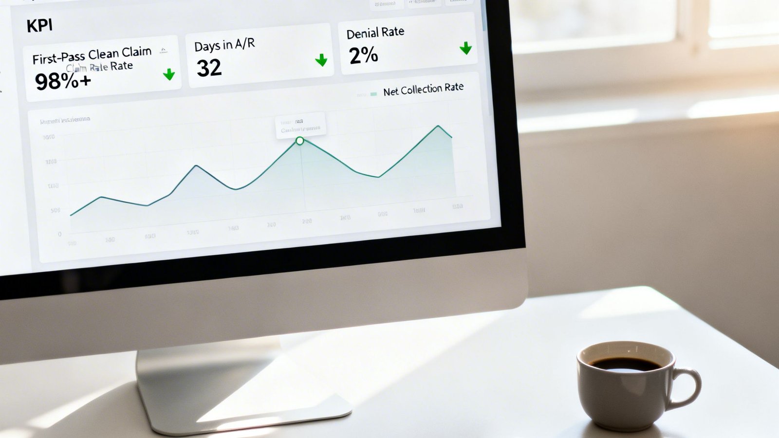 A computer monitor displays a medical billing KPI dashboard with key metrics and a collection rate graph. A cup of coffee sits nearby.