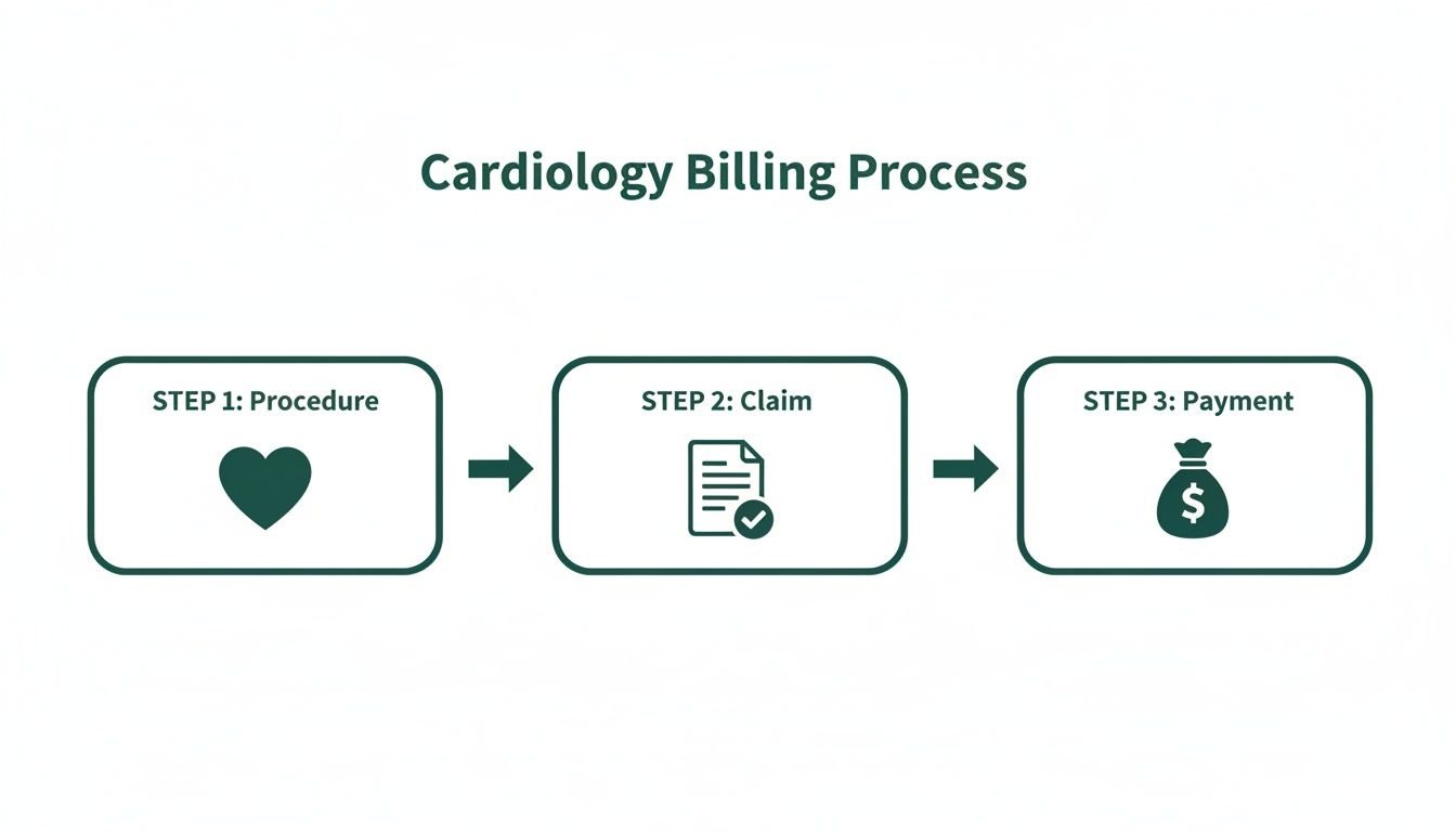 Flowchart illustrating the three-step cardiology billing process: Procedure, Claim, and Payment.