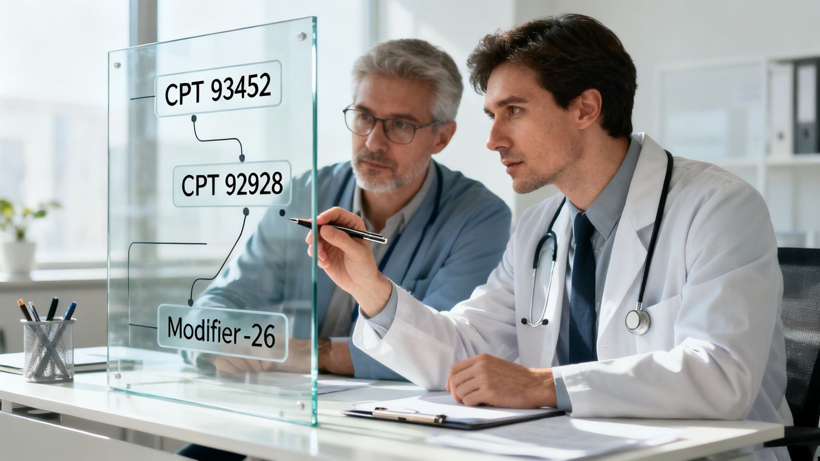 Two doctors in a modern clinic review medical billing codes and modifiers on a transparent screen.