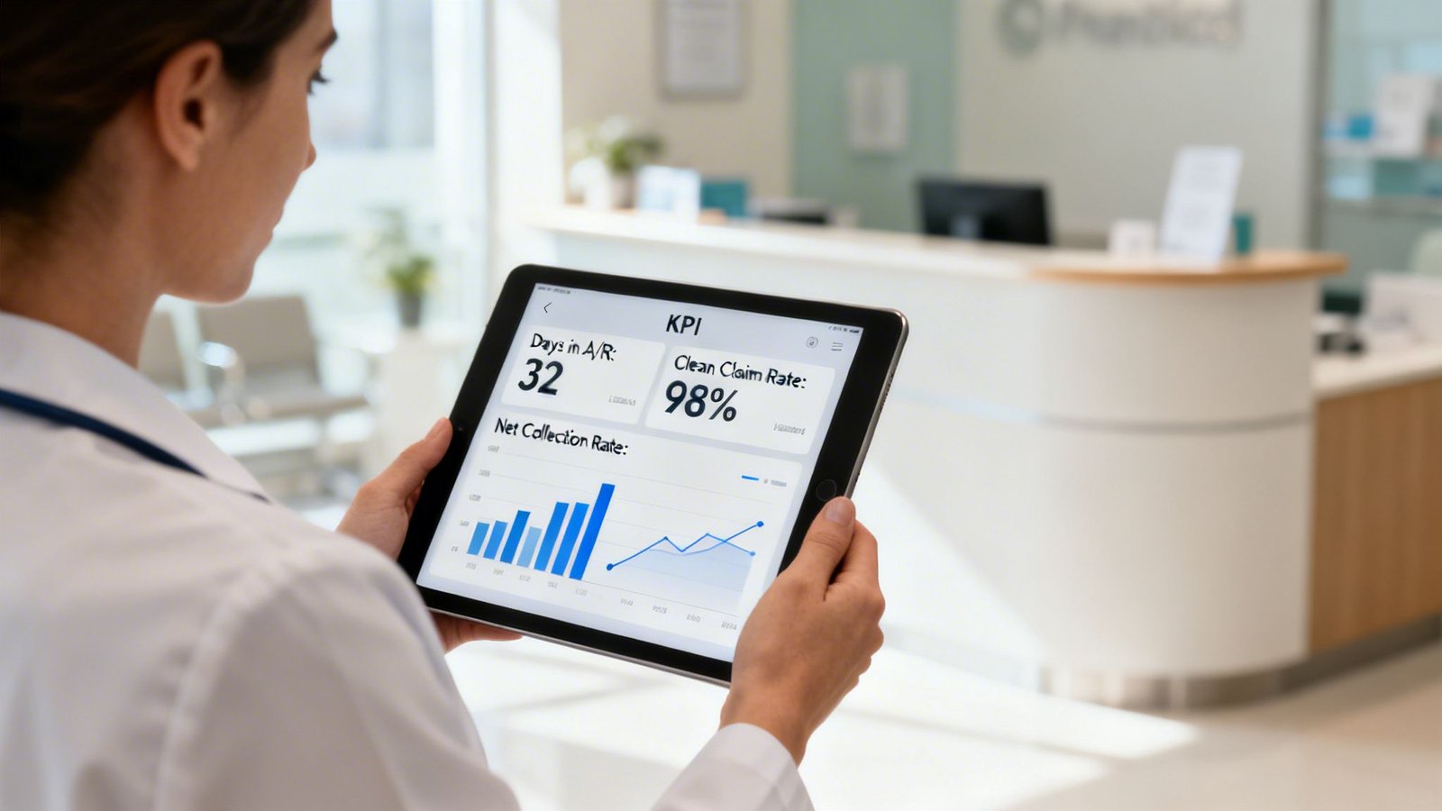 A healthcare worker analyzes medical billing KPIs on a digital tablet in a bright clinic.