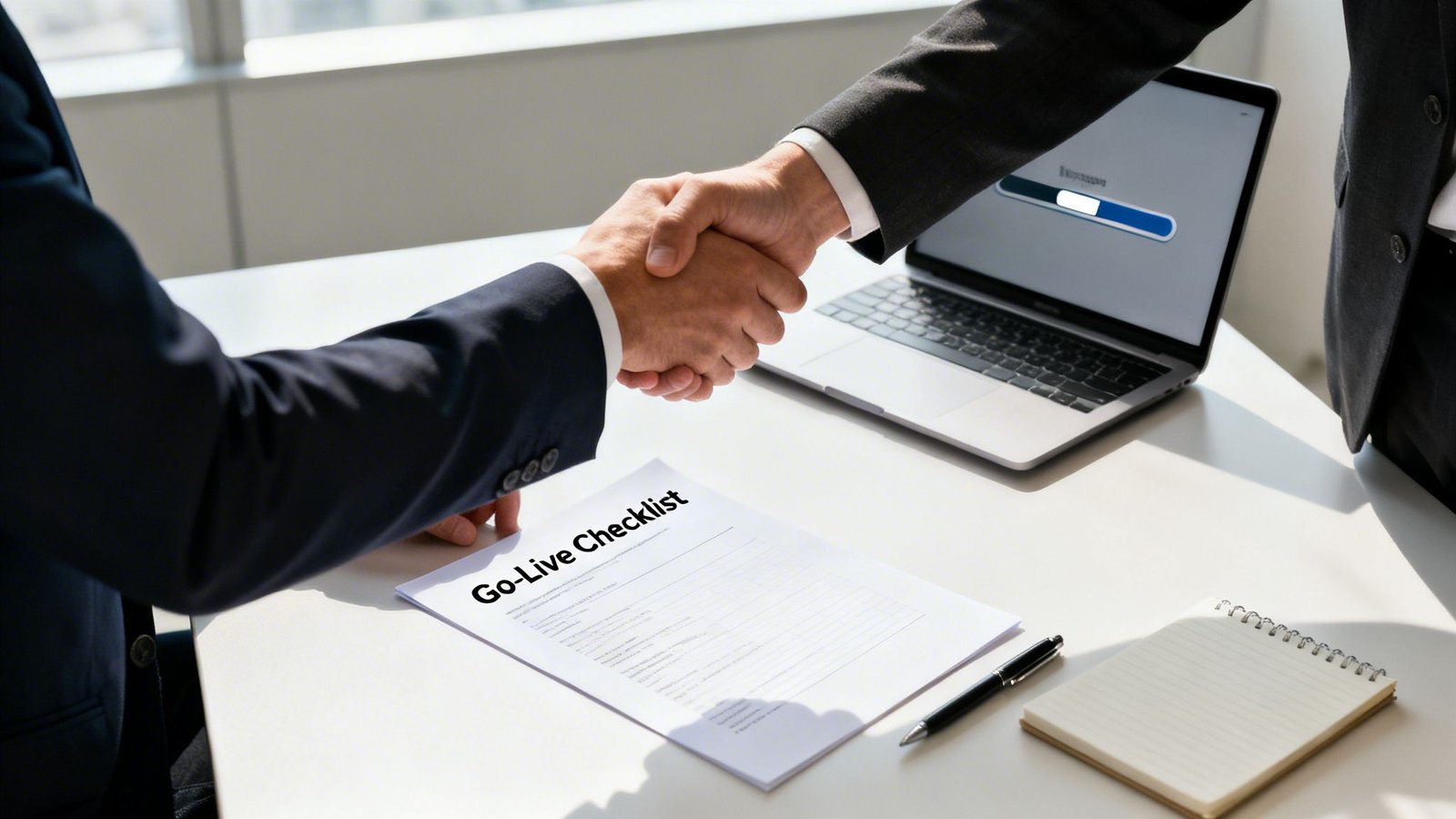 Two businessmen shaking hands over a desk with a "Go-Live Checklist" document and a laptop.