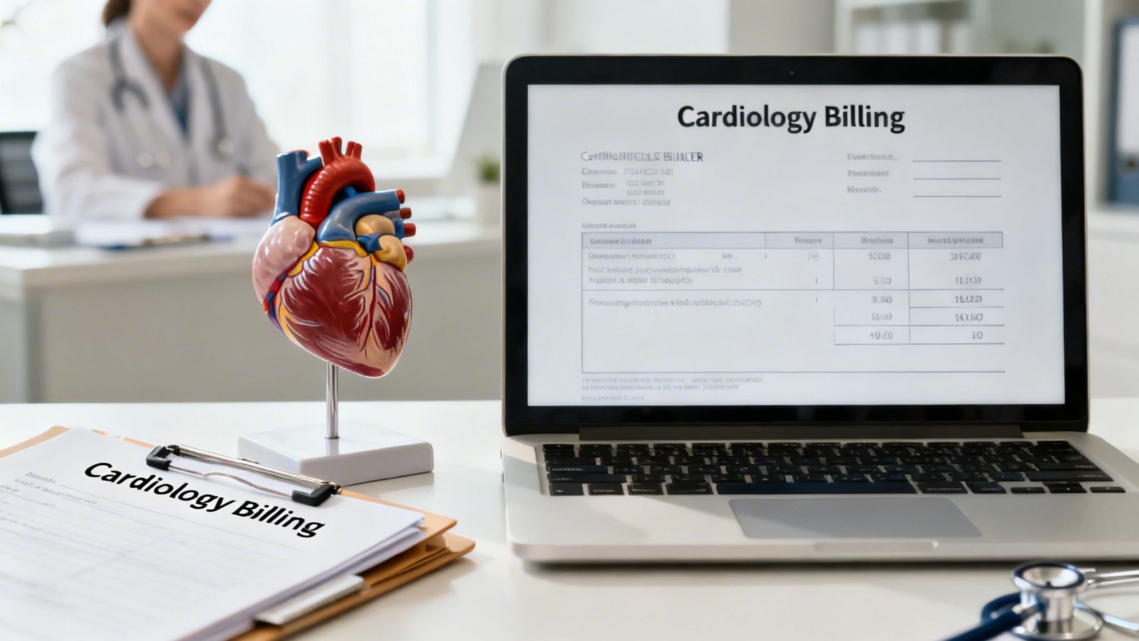 Cardiology billing documents on a laptop and clipboard, with a heart model on a medical office desk.