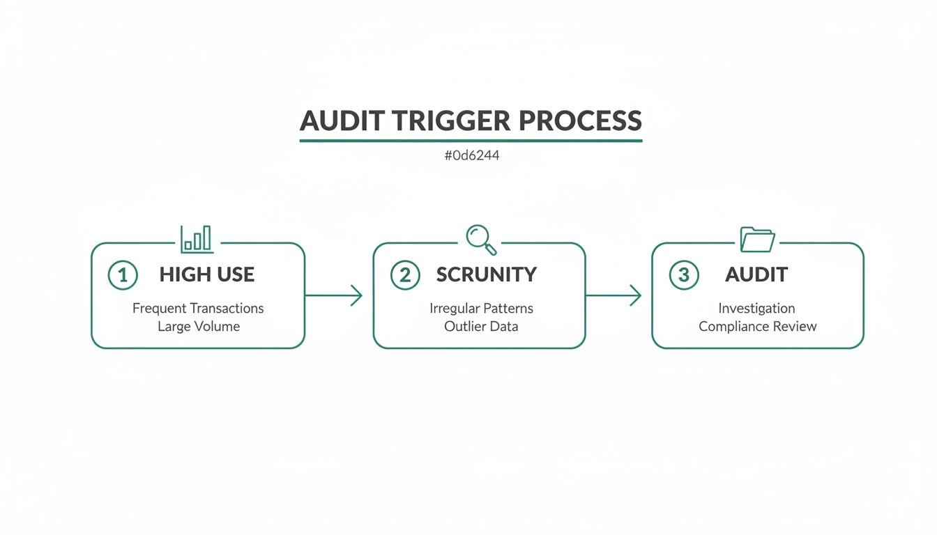 An infographic detailing a three-step audit trigger process from high use to scrutiny and audit.