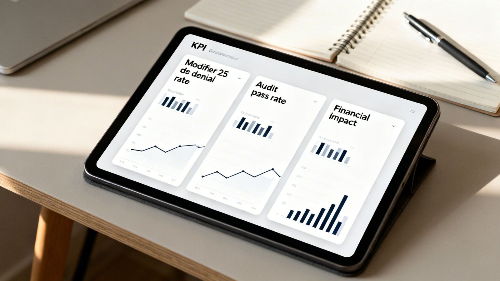 A tablet displays a business dashboard with KPIs, including denial rate, audit pass rate, and financial impact.