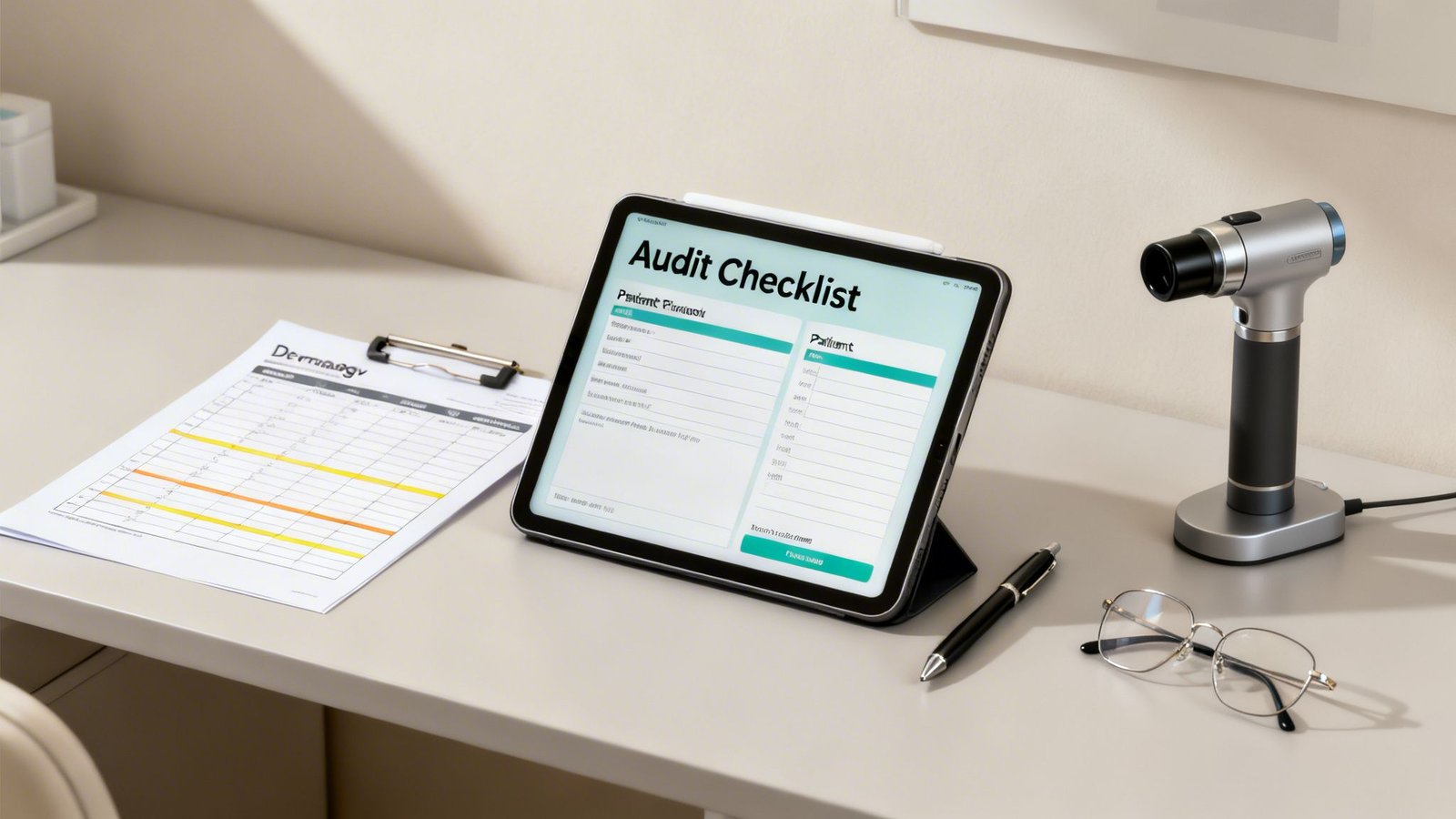 Dermatology clinic desk with tablet displaying an audit checklist, medical device, clipboard, pen, and glasses.