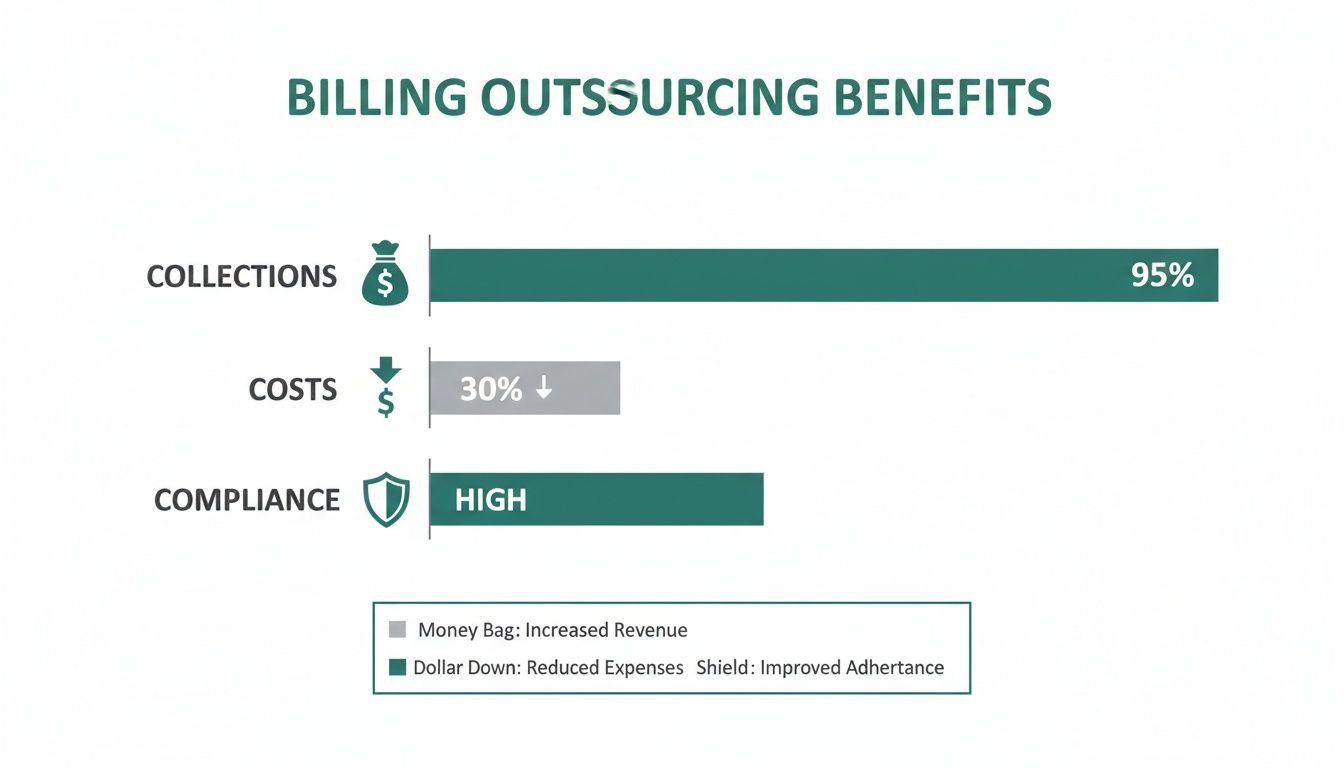 Infographic displaying billing outsourcing benefits: 95% collections, 30% cost reduction, and high compliance.