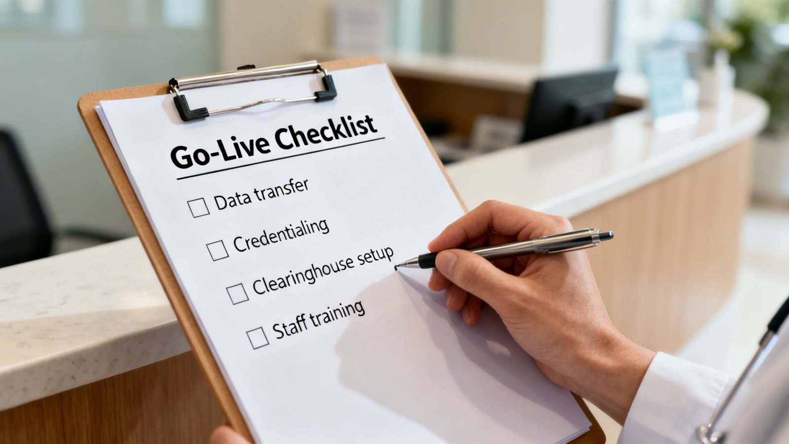 Close-up of a person's hand with a pen, checking a 'Go-Live Checklist' on a clipboard.