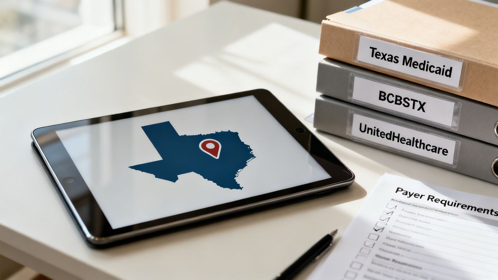 Tablet showing a Texas map next to folders for medical payers and a payer requirements form.