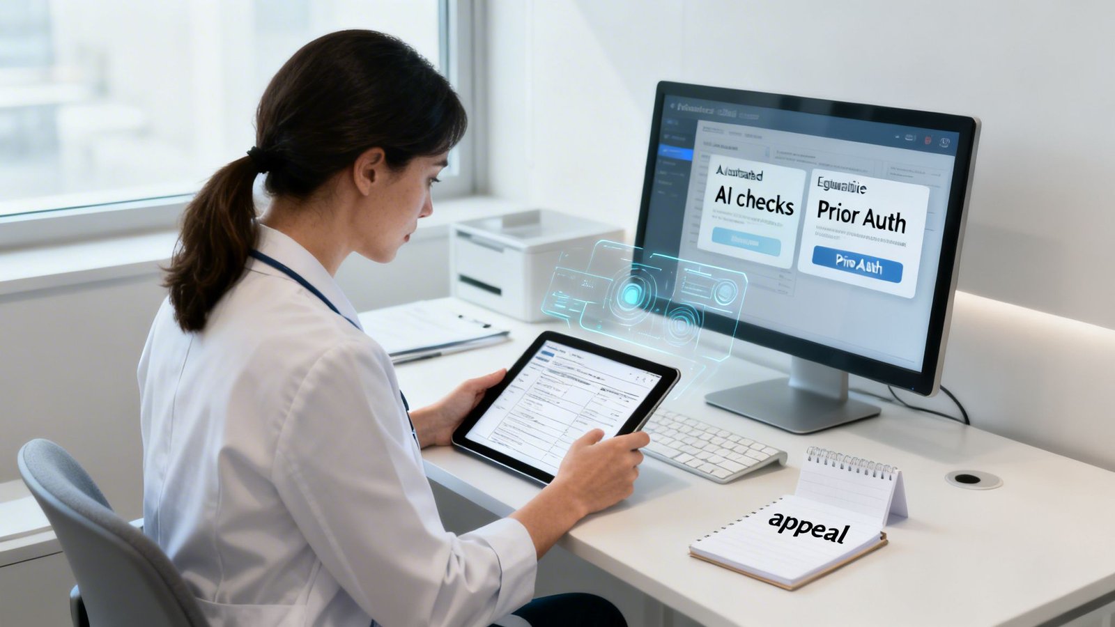A doctor reviews medical information on a tablet and computer screen, with AI checks and prior authorization displayed.