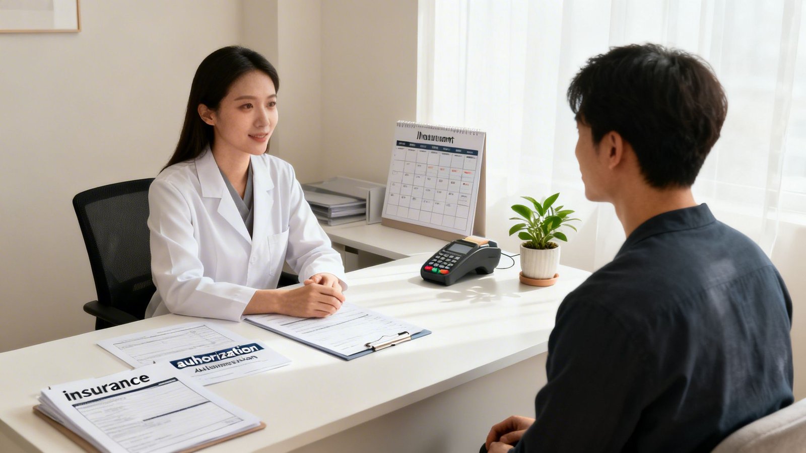 A doctor in a white coat consults with a male patient, with insurance forms on the desk.