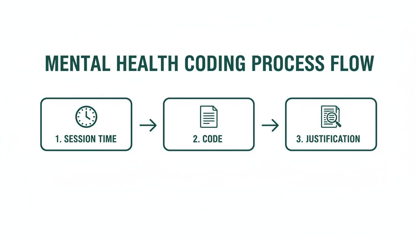 A flowchart illustrating the mental health coding process flow with steps: session time, code, and justification.