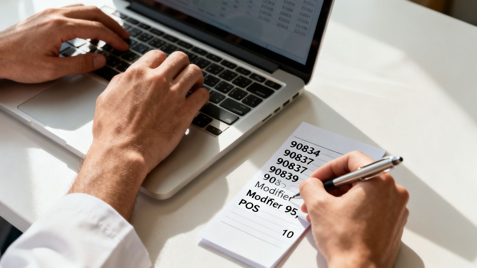 A person works on a laptop and writes medical billing codes on a notepad for mental health.
