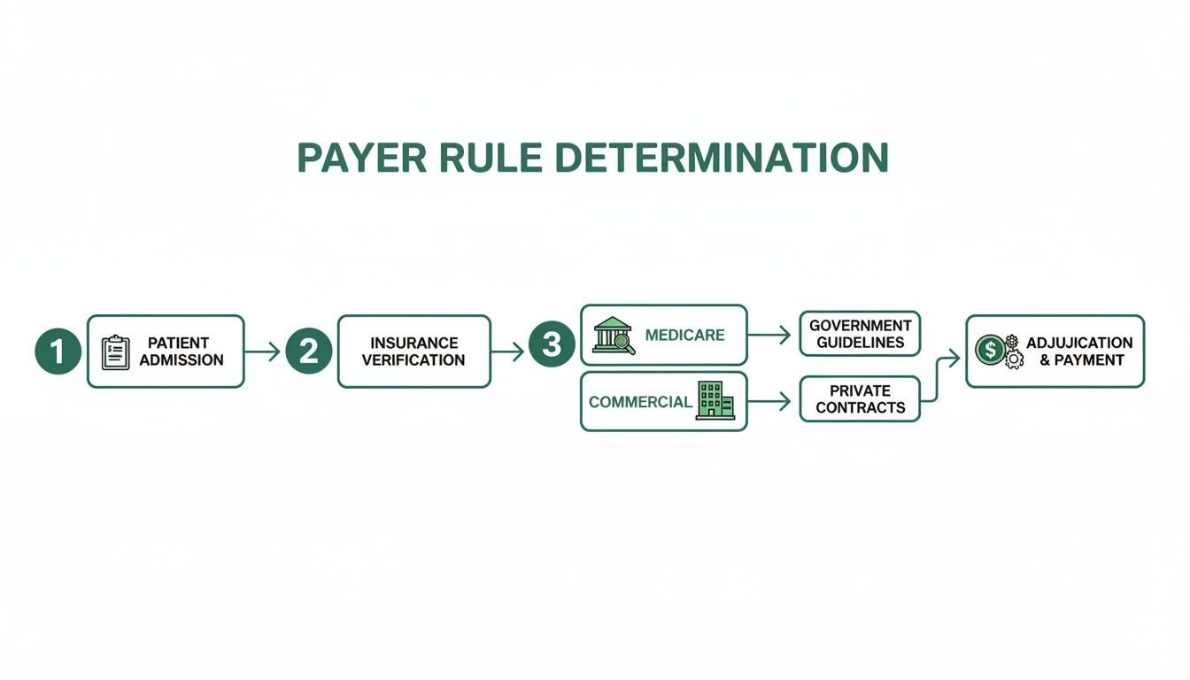 Flowchart illustrating the payer rule determination process, from patient admission and insurance verification to adjudication and payment.