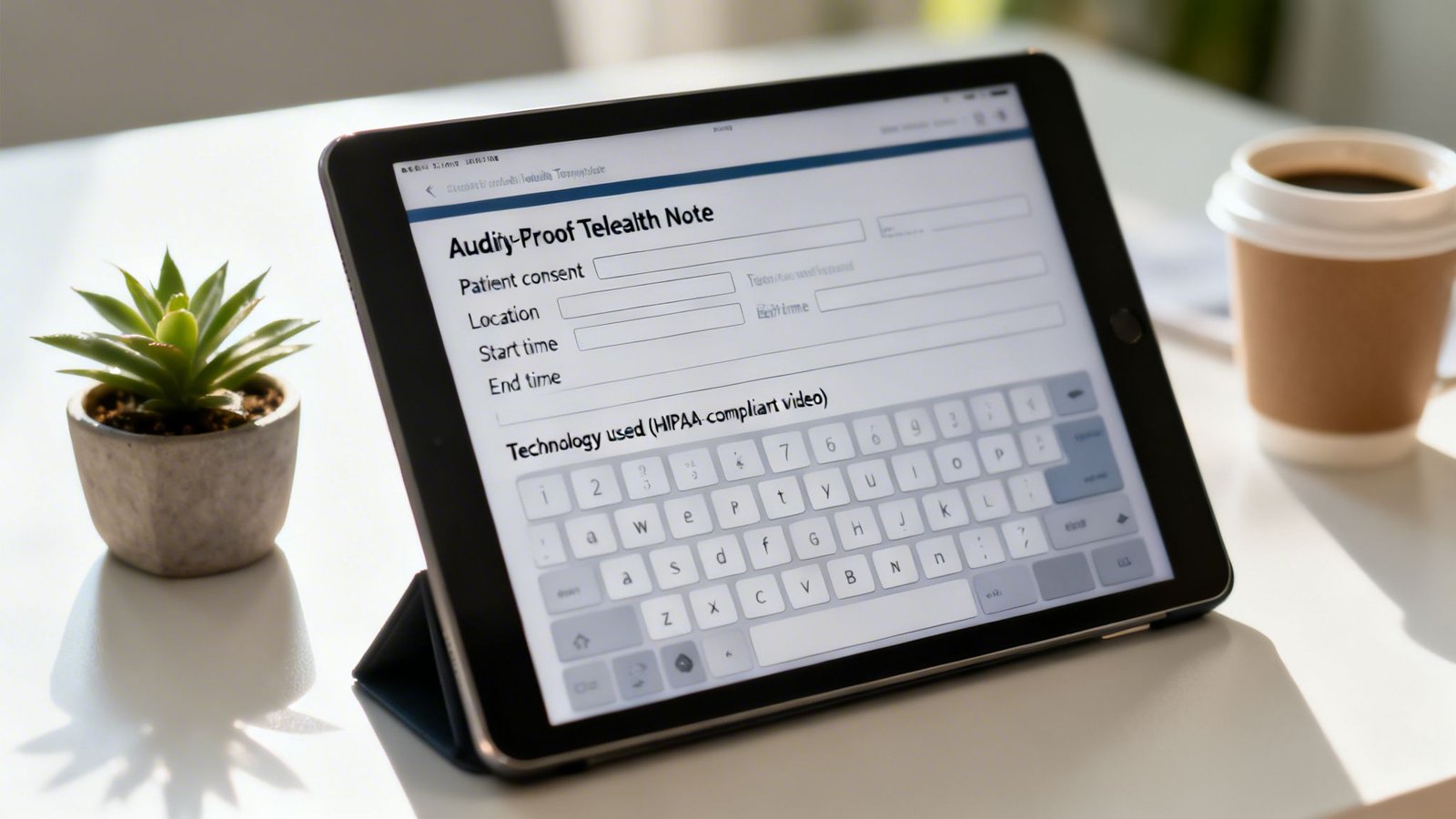 A tablet displays a digital 'Audity-Proof Telehealth Note' form and a virtual keyboard on a white table.