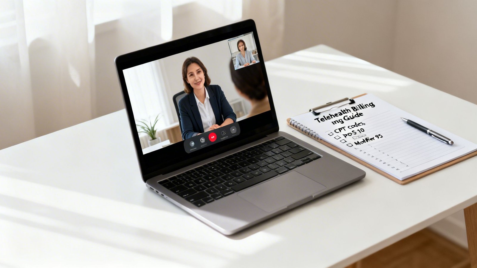 Laptop displaying a telehealth video call next to a clipboard with a 'Telehealth Billing Guide' checklist.