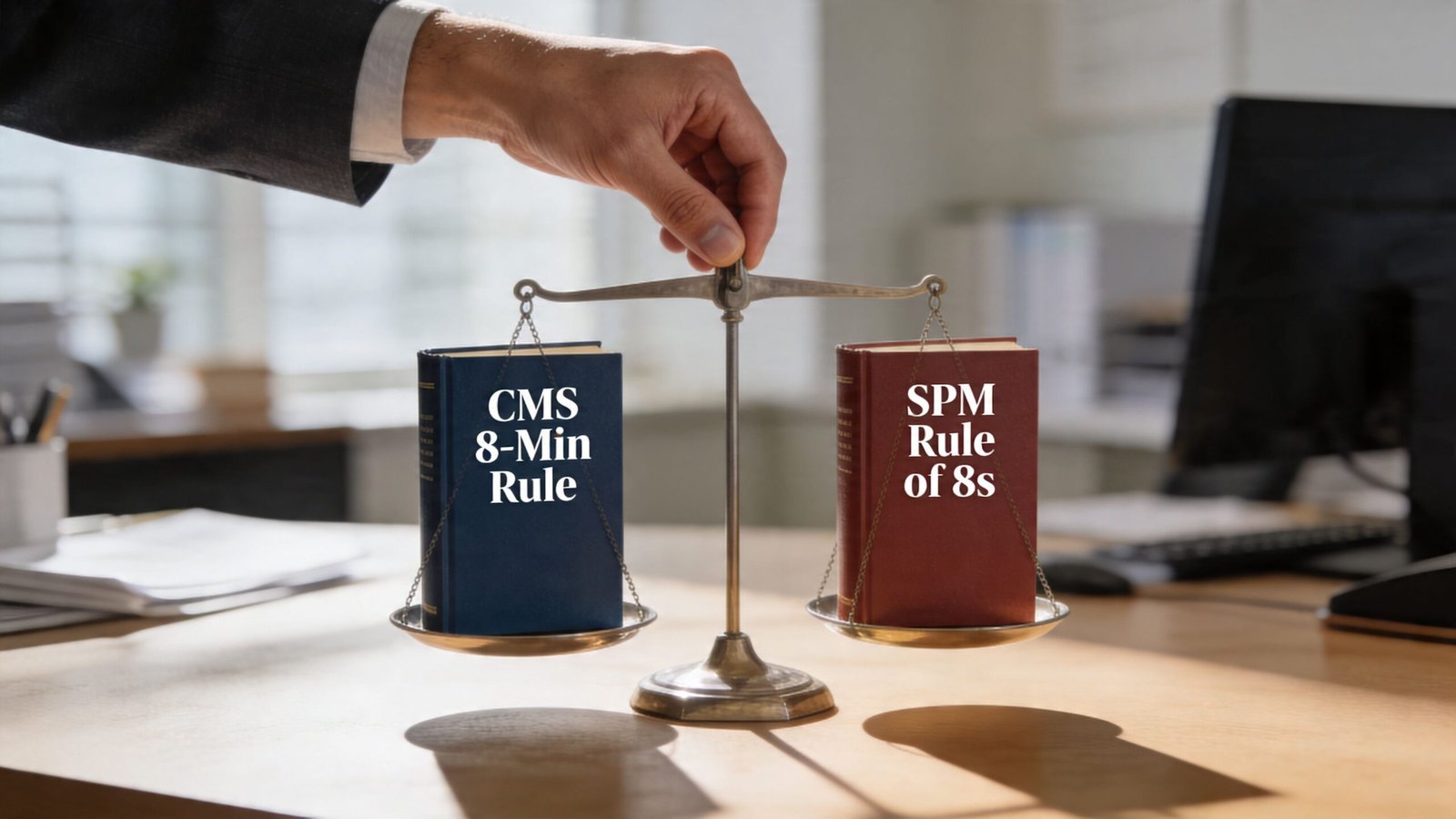 A hand holding a balance scale weighing a blue book labeled CMS 8-Min Rule against a red book.