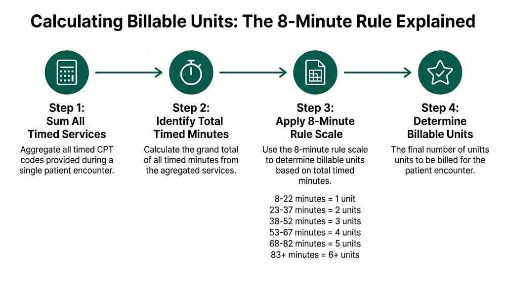 A four-step infographic illustrating how to calculate billable units using the Medicare 8-minute rule.