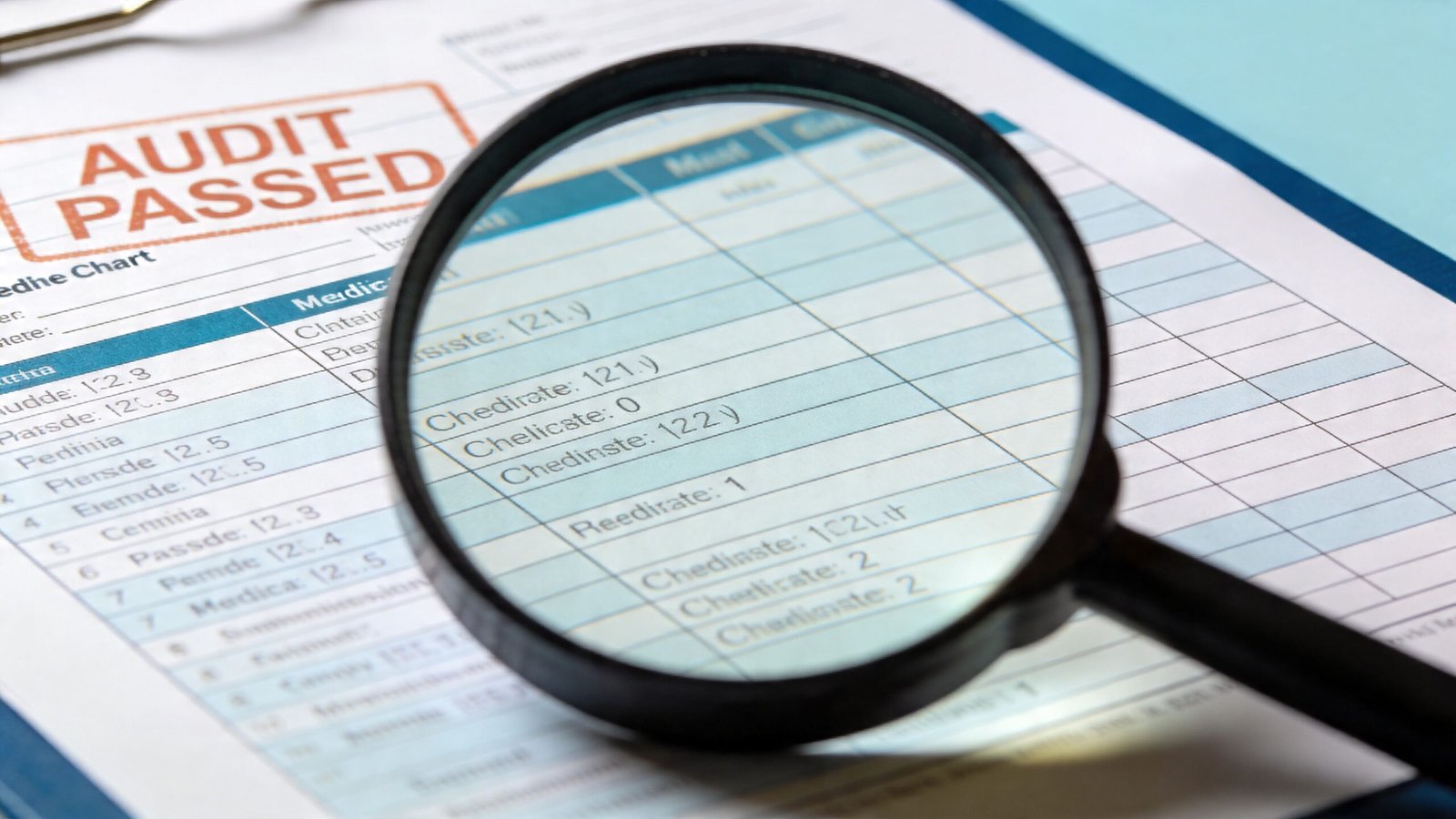 A magnifying glass positioned over a medical audit document showing health data and compliance check results.