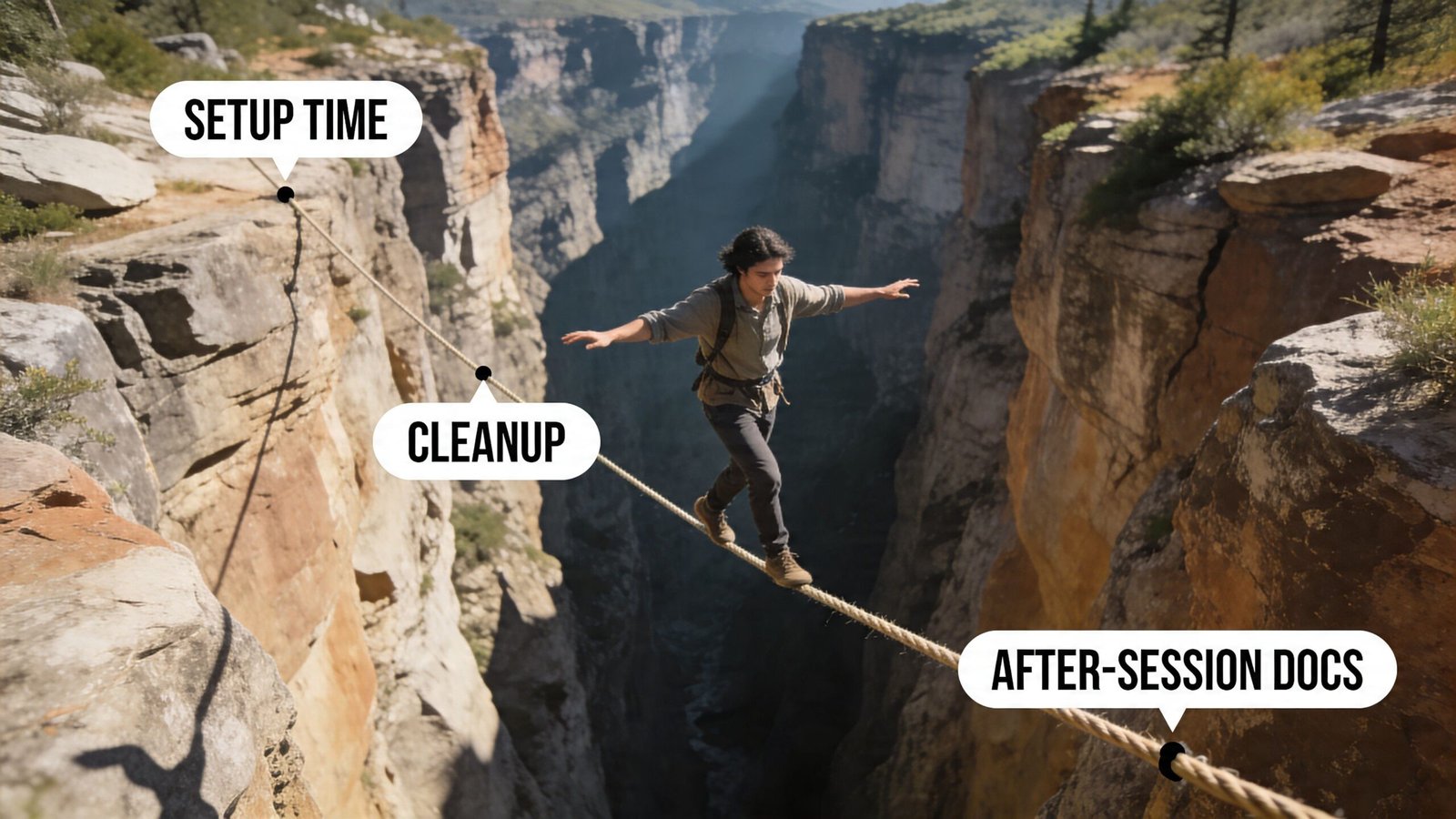 A man balancing on a tightrope across a canyon with labels for session workflow steps.