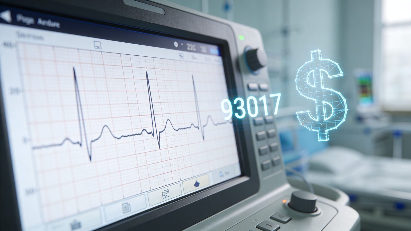 A digital hospital heart monitor screen displaying an electrocardiogram graph and the medical code 93017 with dollar sign.