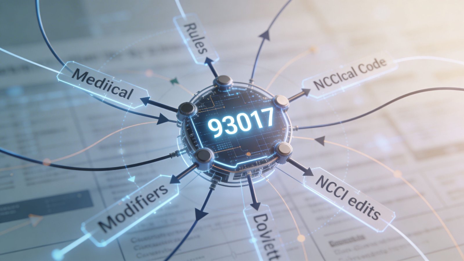 A digital graphic showcasing the 93017 CPT code surrounded by medical coding labels like modifiers and NCCI edits.