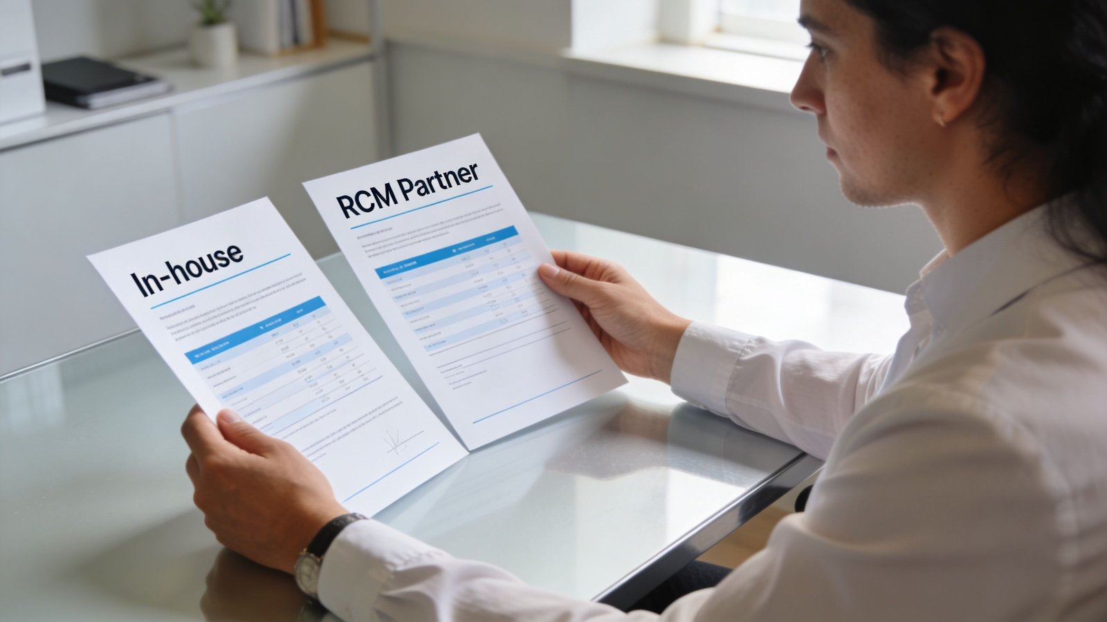 A professional analyzing and comparing medical billing documents for in-house versus RCM partner services.
