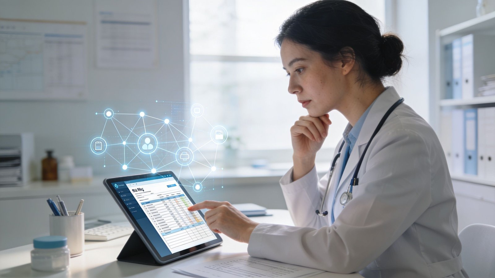 A female doctor reviewing medical billing data on a tablet with digital network visualizations in a clinic.