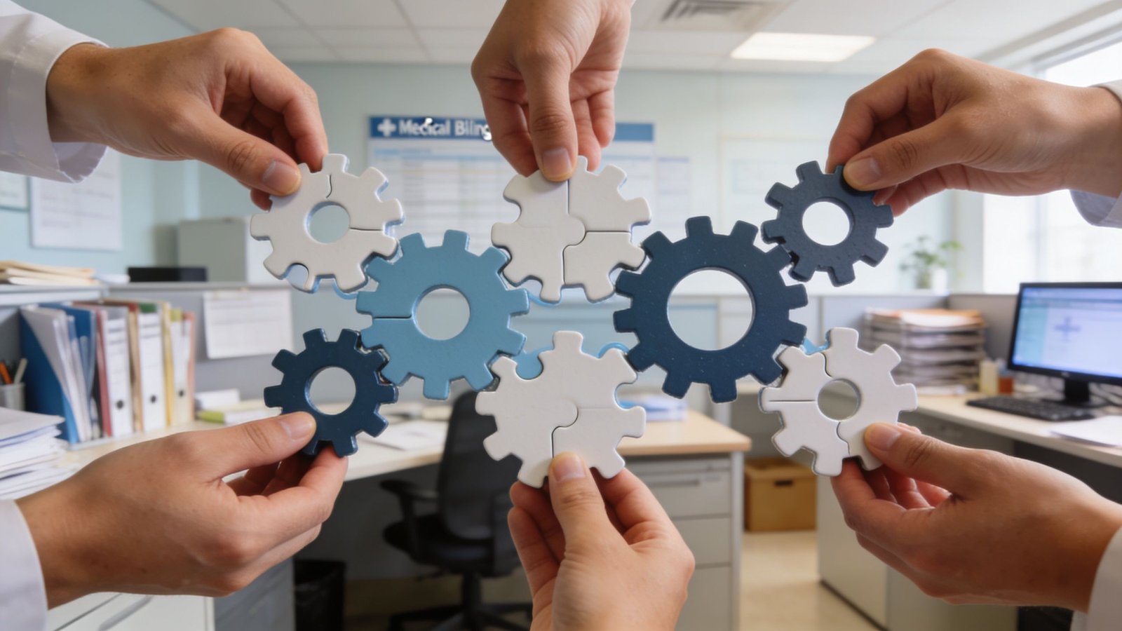 A team of medical professionals holding interlocking puzzle pieces shaped like gears in an office.