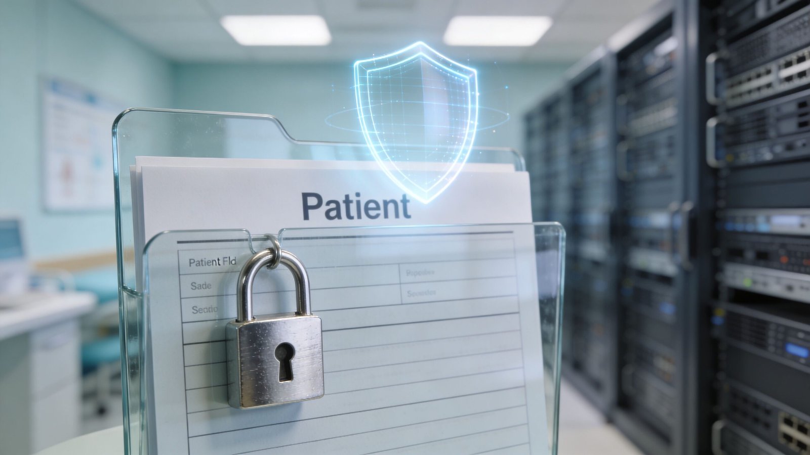 A patient document protected by a silver padlock and a glowing digital shield in a server room.