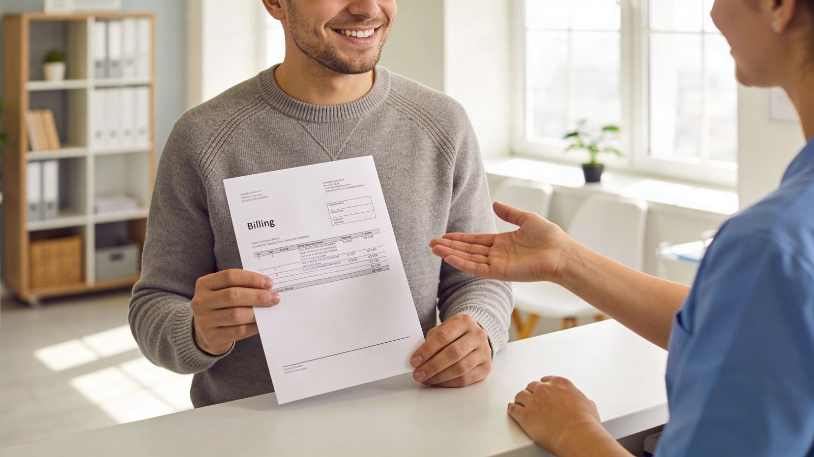 A happy patient holding a medical bill while interacting with a friendly office receptionist at a clinic.