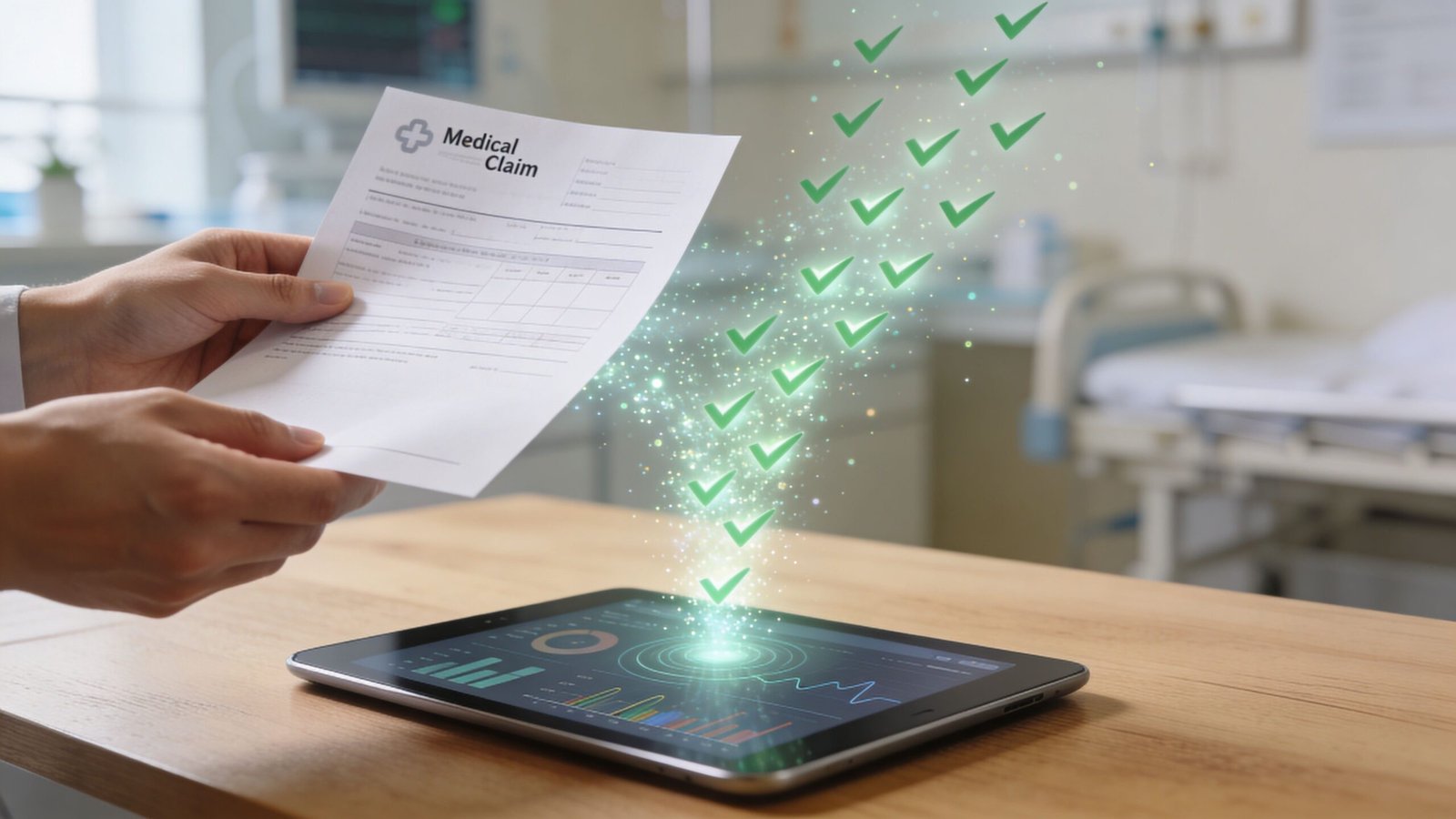 A person holding a medical claim document above a tablet screen displaying digital data and floating green checkmarks.