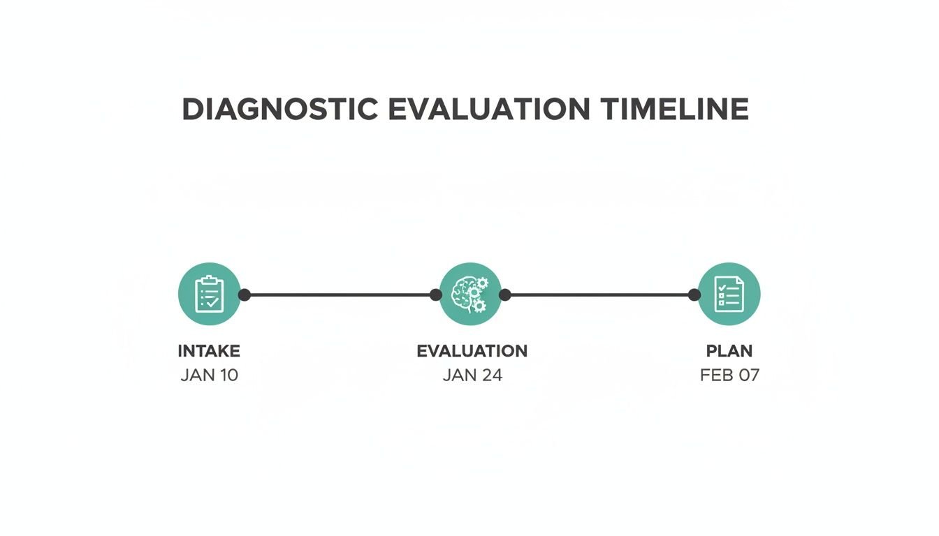 Diagnostic evaluation timeline showing intake on Jan 10, evaluation on Jan 24, and plan on Feb 07.