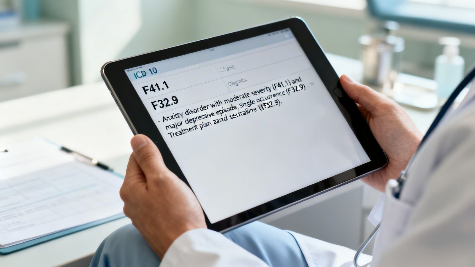Doctor reviews ICD-10 billing codes and diagnosis for mental health on a digital tablet.
