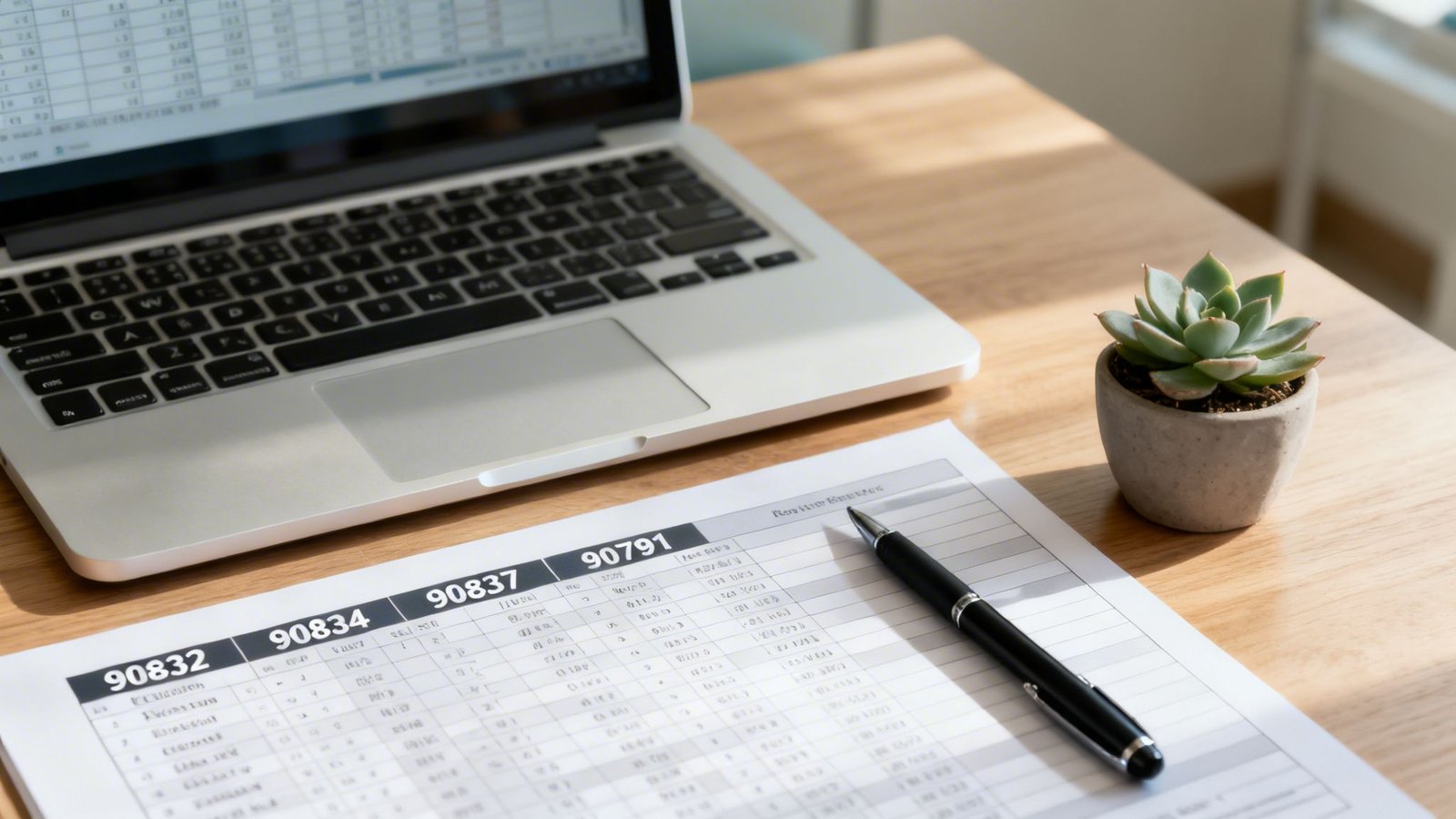 Close-up of a wooden desk with a laptop displaying a spreadsheet, a document with codes, a pen, and a succulent.